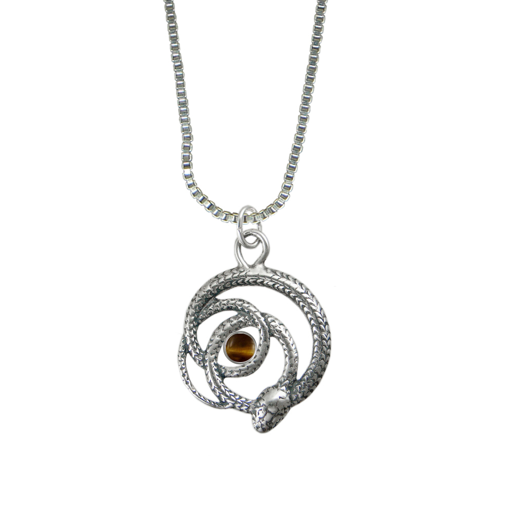 Sterling Silver Coiled Serpent Pendant With Tiger Eye